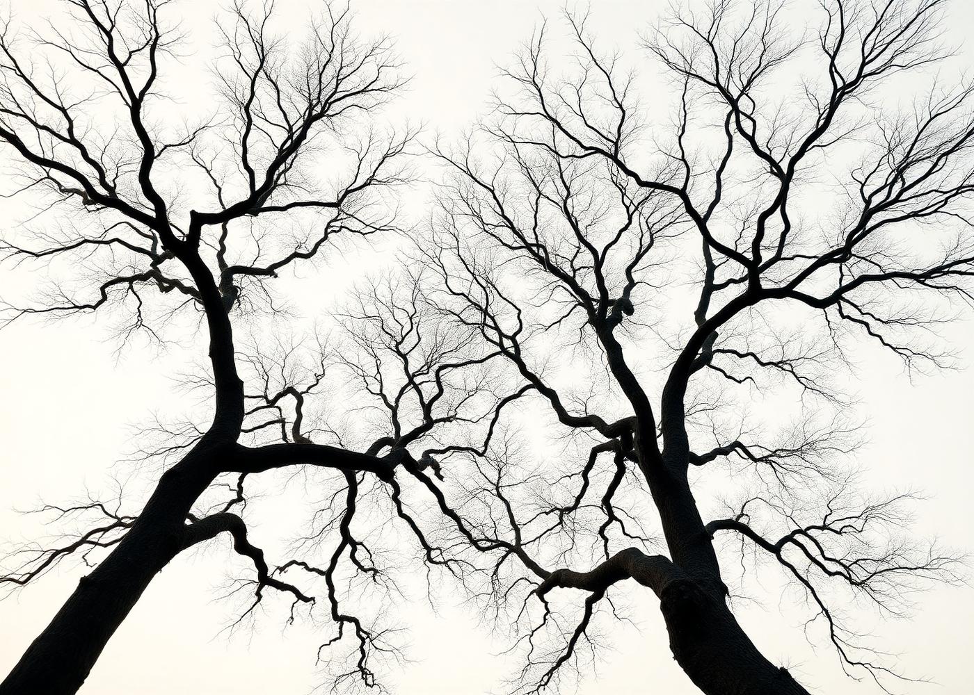 Two trees whose bare branches interweave against a soft dawn sky