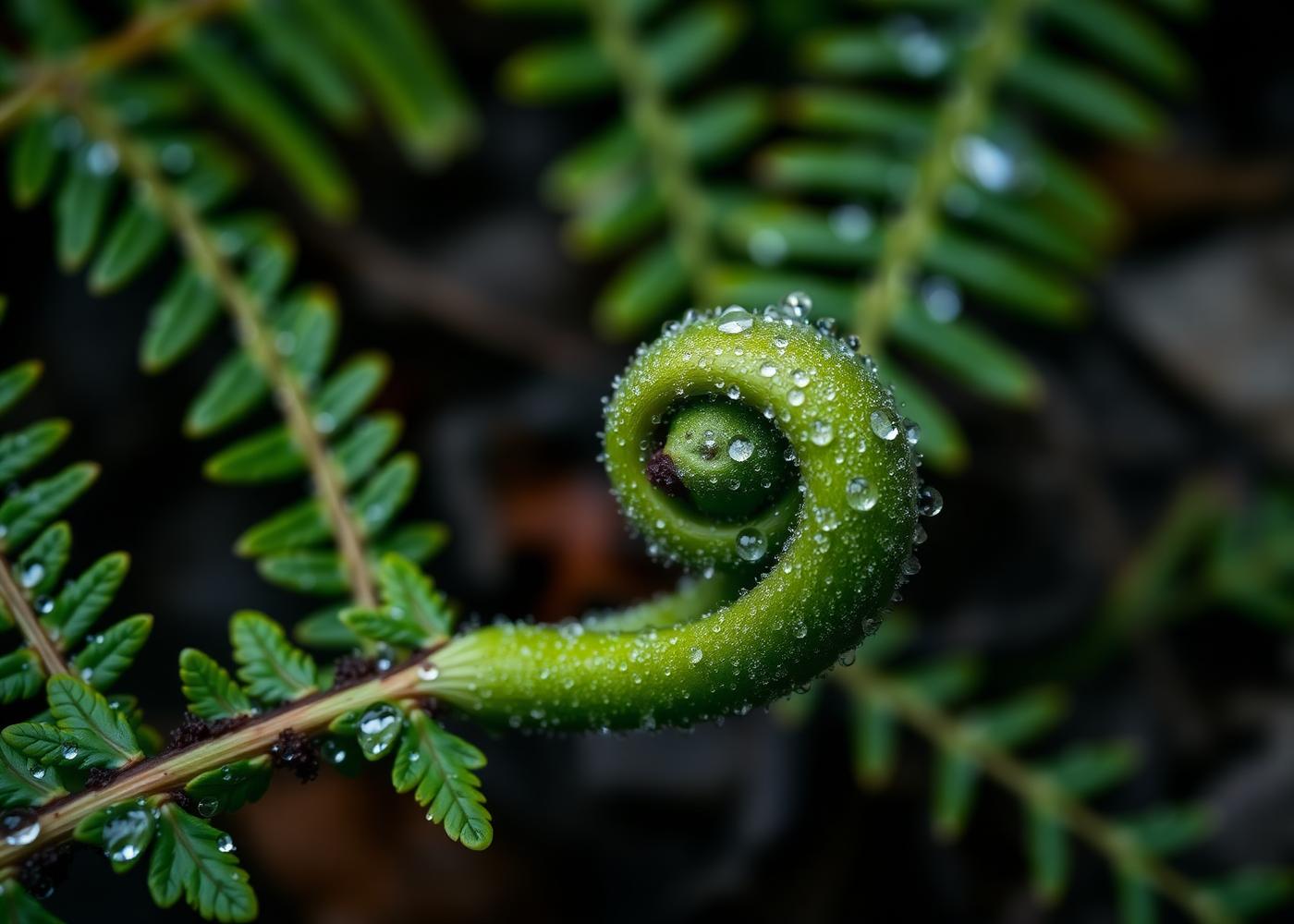 An unfurling fern frond covered in morning dew