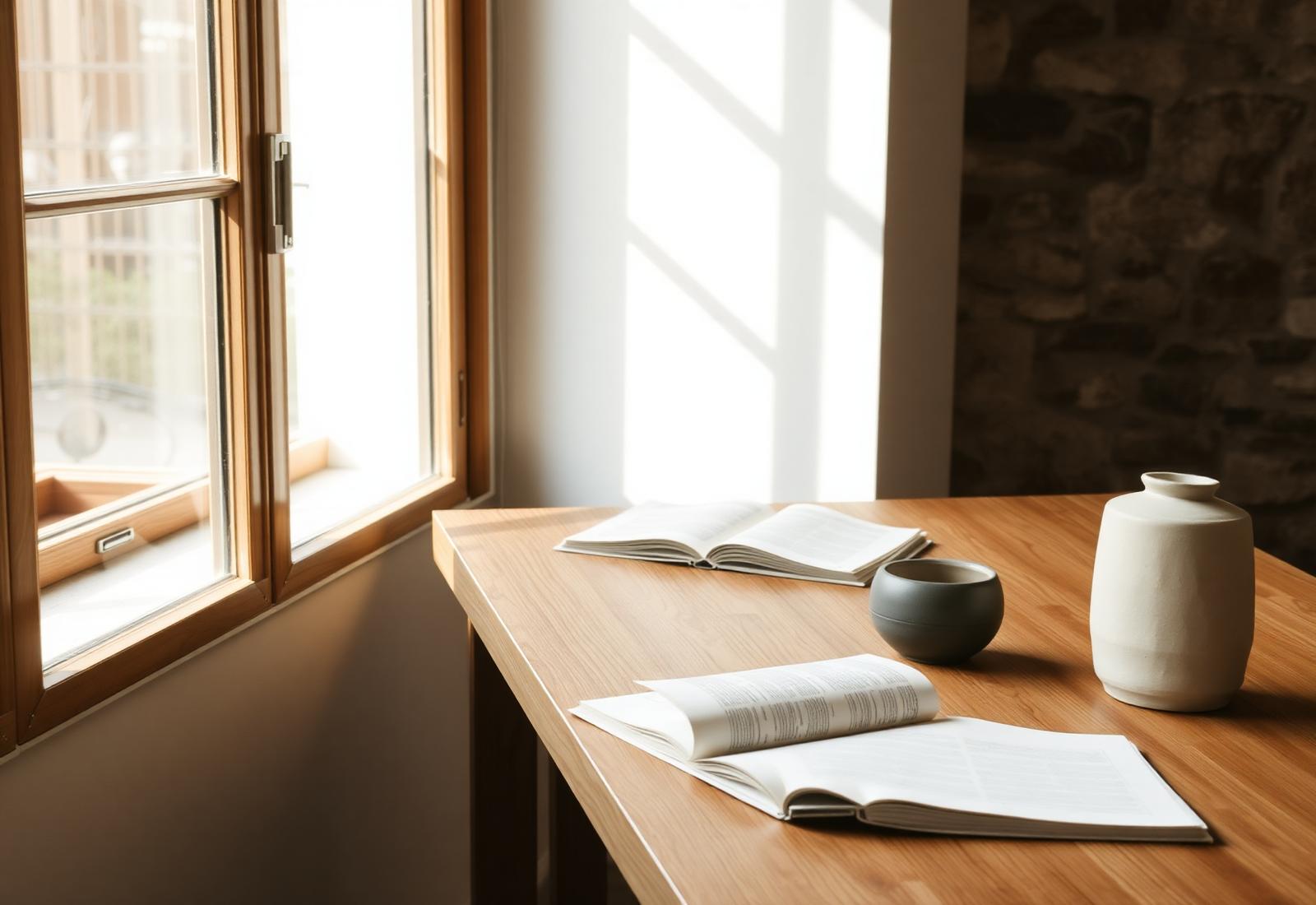 A quiet studio desk beside a window in warm morning light